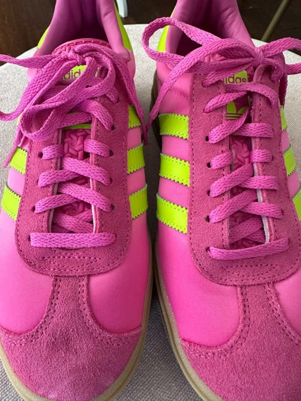 adidas Women’s Pink Sneakers with Neon Green Stripes - Picture 3 of 6